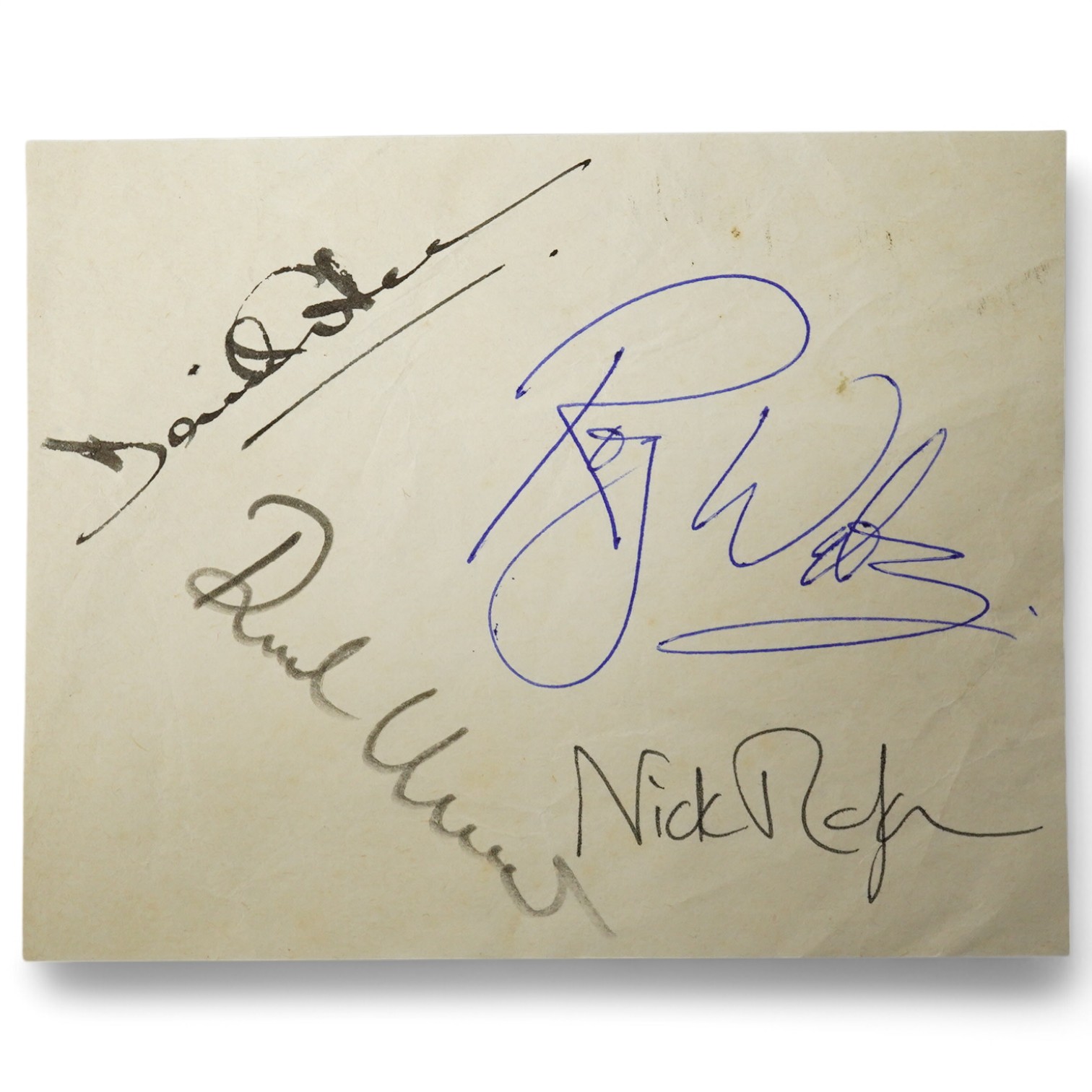 A set of Pink Floyd autographs on a section of note paper, all signed in different inks, including; David Gilmour, Nick Mason, Richard Wright, and Roger Waters. Condition - good, sold without any provenance.